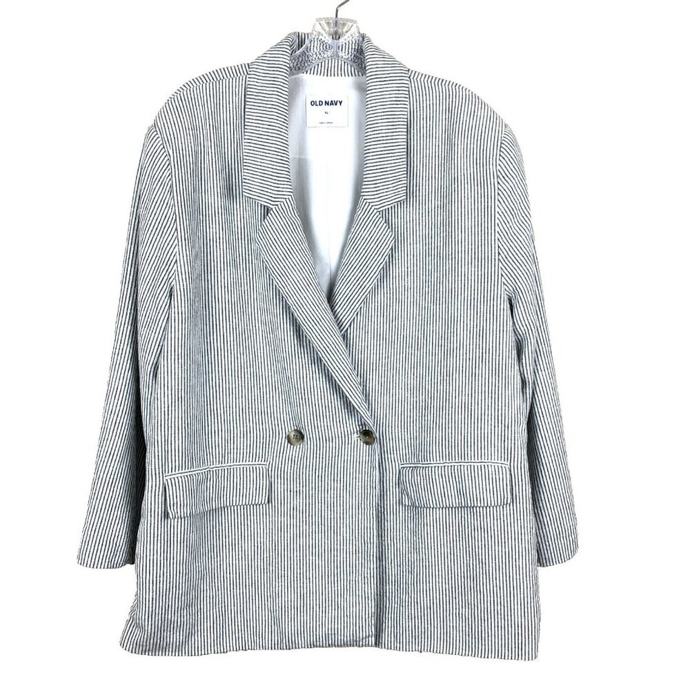 Old Navy Womens XL Linen Blazer Career Office Stripe Classic Double Breasted